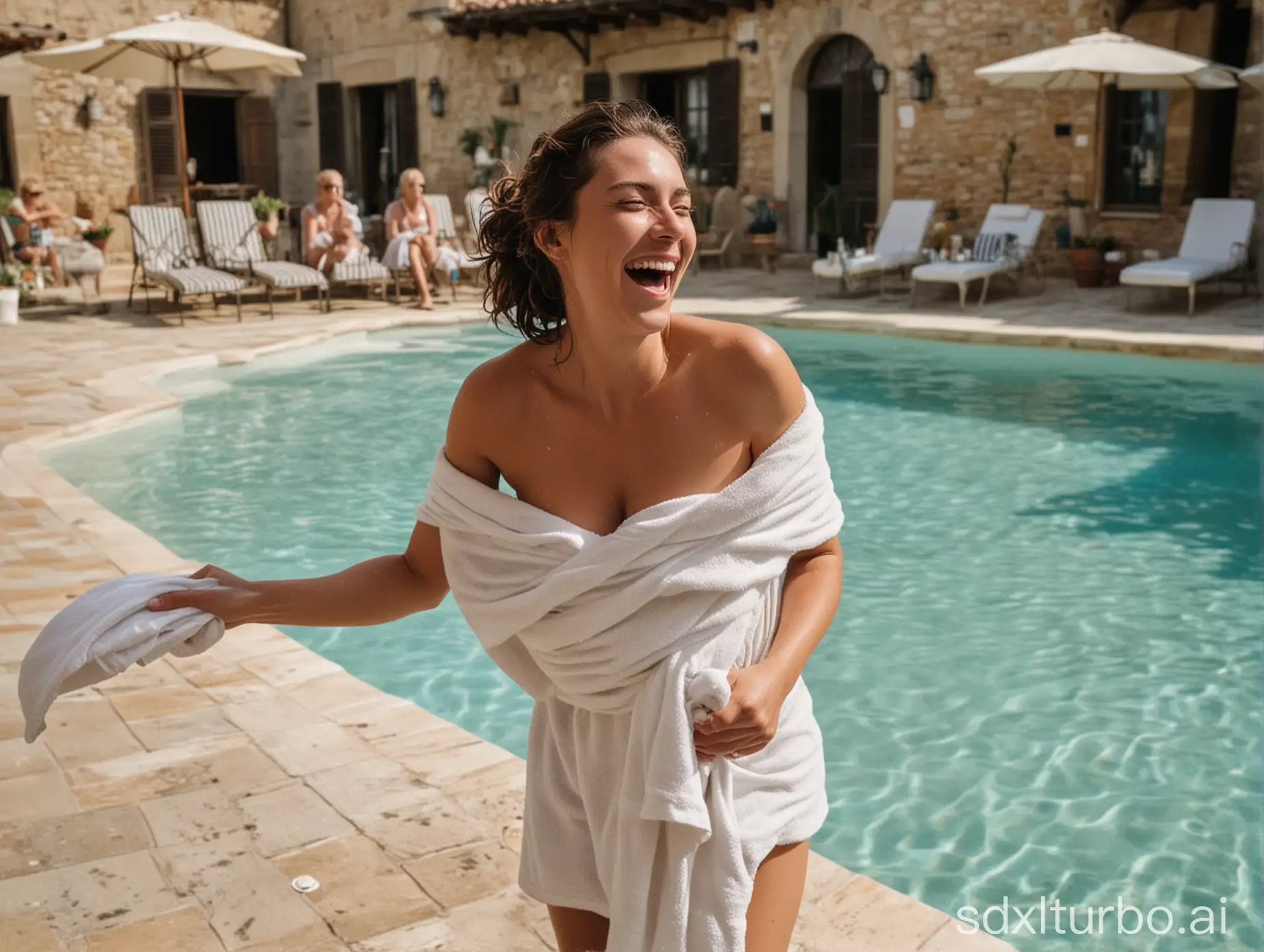 A woman has wrapped a towel around herself. She is standing in front of a pool in Tuscany. She laughs at the crowd of people watching her.
