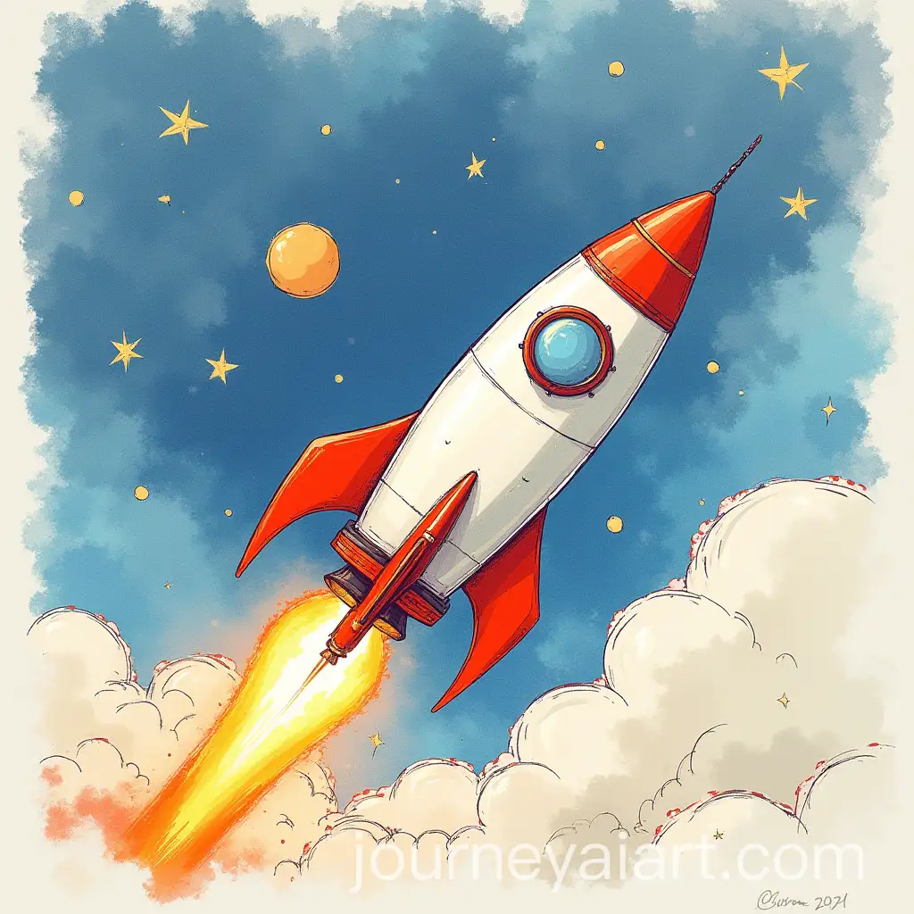 Childish-Drawing-of-a-Rocket-in-Space