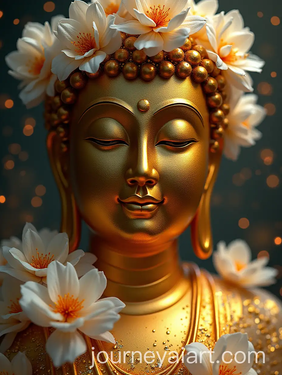 Golden-Buddha-Statue-Surrounded-by-White-Flowers-and-Glowing-Lights