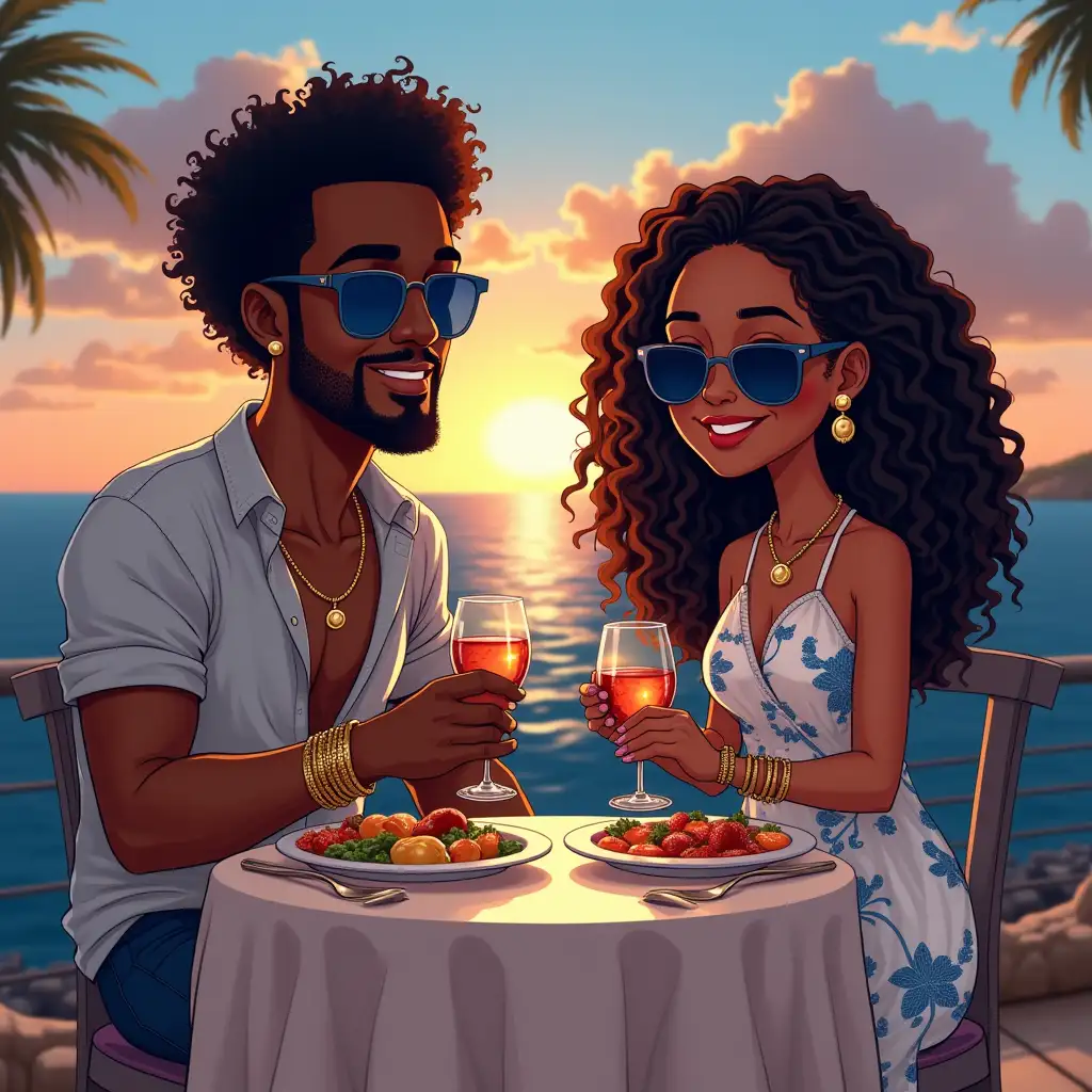 AfroLatin Couple Enjoying Sunset Lunch by the Water in Dominican Republic