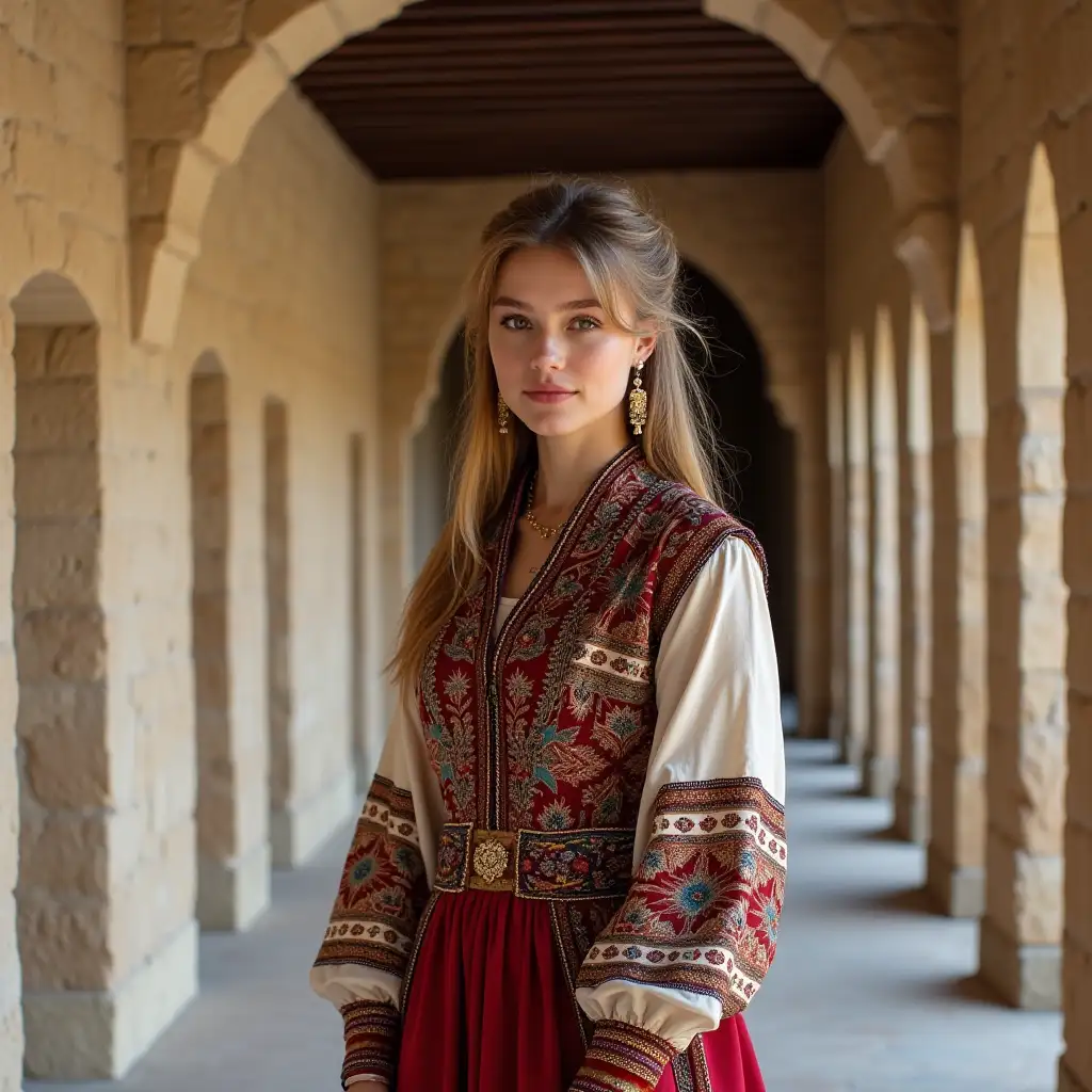 Lovely-Young-Woman-in-Caucasian-Traditional-Attire-Standing-in-an-Archway