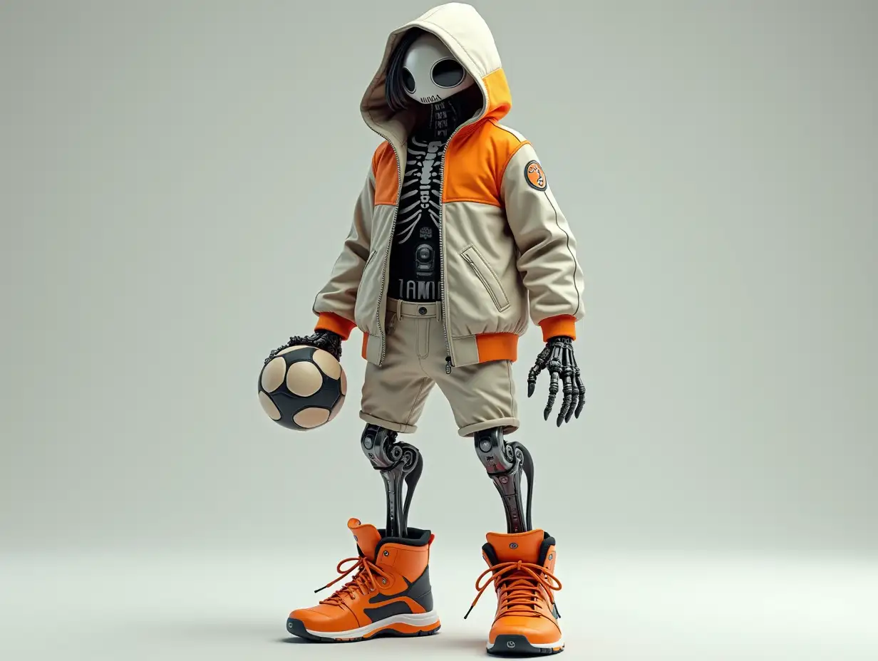 Create a high-resolution, realistic image of a robot with a skeletal body, orange laced boots and head, a fashionable tracksuit, and a ball in its hand, with a hood and hair in 4K resolution