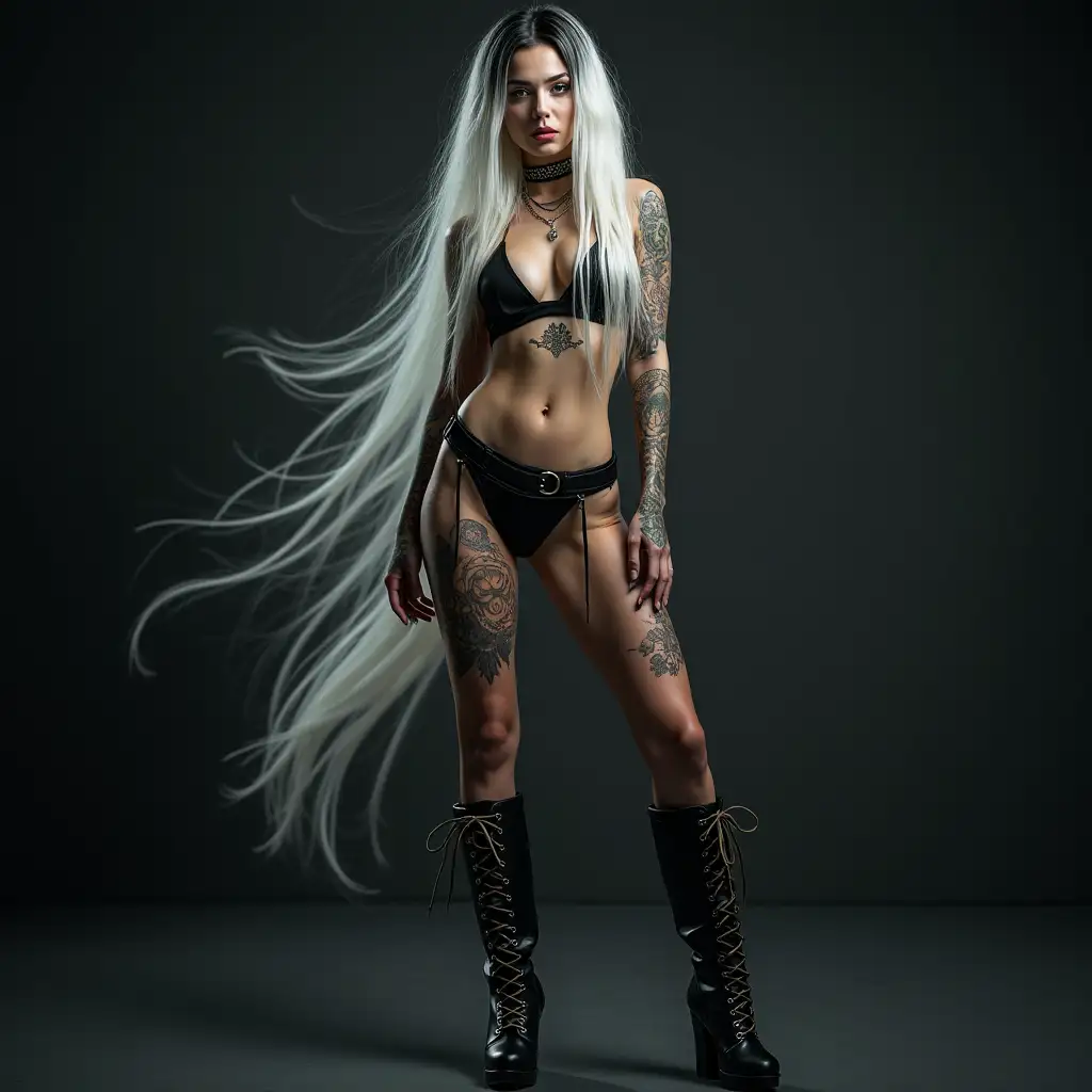 Depiction of a beautiful white woman with tattoos and long mixed white-black hair in a futuristic style and laced boots, Blurry black background (120mm) shot poster