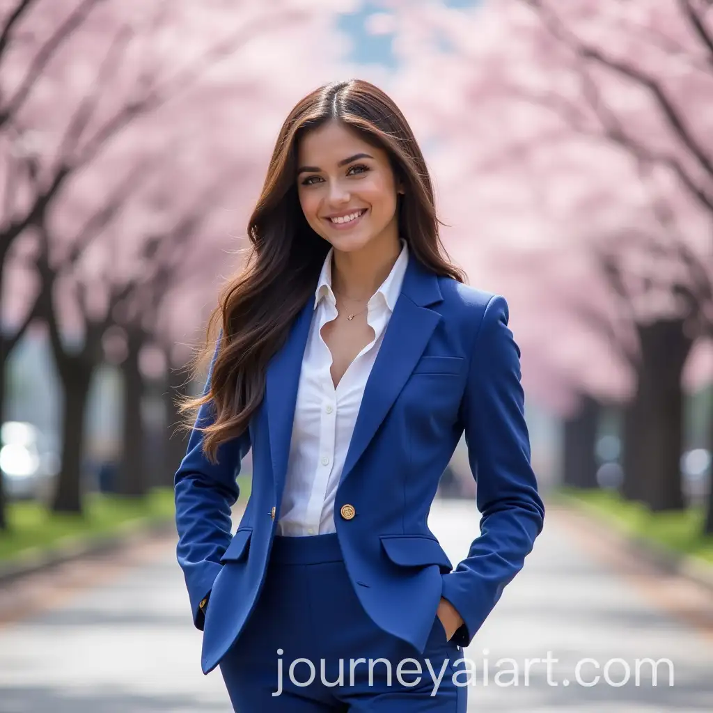 Selena-Gomez-Smiling-in-a-Business-Blue-Suit-on-a-Cherry-Blossom-Road-in-Japan