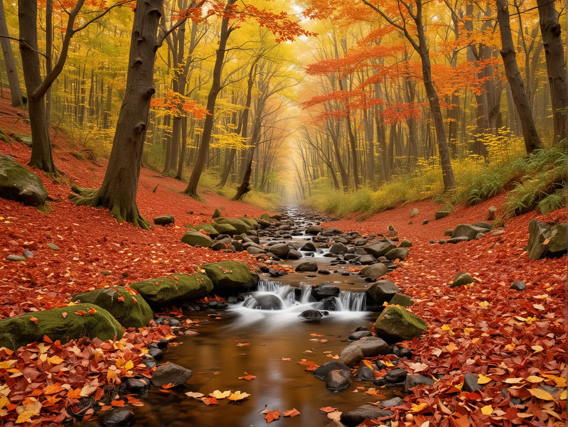 Create a fall-themed images showcasing a forest with trees in shades of red, orange, and yellow. Focus on details like leaves gently falling, dew on leaves, and a small stream flowing. Include close-ups of a squirrel gathering acorns, a person walking along a leaf-covered path, or boots crunching dry leaves. Add soft sunlight filtering through the trees and natural sounds like gentle wind, rustling leaves, and bird songs to create a peaceful, serene atmosphere.