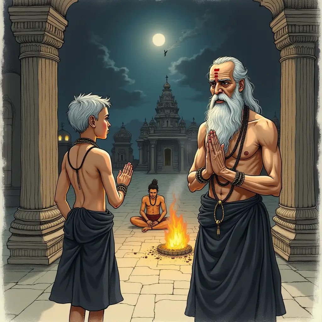 A hand-drawn, storybook-style illustration depicting two Aghoris standing solemnly at the entrance of a Shamshan Ghat (cremation ground) under a dimly lit sky. The elder Aghori, with a long, flowing beard and wise, intense eyes, has a bold tilak on his forehead, while the younger Aghori, also with a tilak, stands beside him, mirroring his reverence. Both are dressed in black dhotis, adorned with Janeu and Rudraksha malas around their necks and wrists. They stand with folded hands in Pranam, gazing into the Shamshan Ghat, where faint smoke rises from distant pyres. The background is sketched with fine details, showing an ancient temple gate, flickering firelight, and silhouettes of meditating ascetics. The art style has a vintage, mystical touch with textured pencil strokes and soft shading, evoking a spiritual and mysterious atmosphere perfect for a storybook narrative.