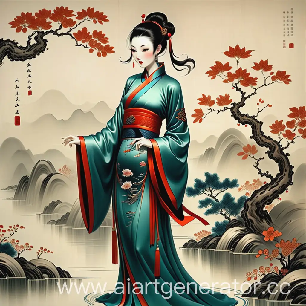 Traditional-Chinese-Art-Painting-with-Blossoming-Plum-Trees