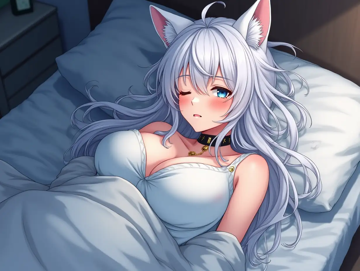 Anime mature adult woman with an hourglass body who looks like she is in her 30's with big breast, blue eyes, black and gold earrings, a choker around her neck, long white hair and white cat ears on her head. She is in her bed knocked out asleep. Her hair is wild and messy as she toss and turn with her blanket covers falling off the bed.  She is asleep with both eyes closed.