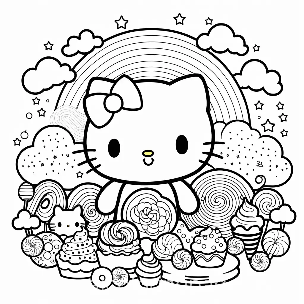 Kawaii, cute, candy, rainbows, sweets, adorable, clouds, different characters, sanrio, lisa frank, detailed lines, no open lines, defined lines , Coloring Page, black and white, line art, white background, Simplicity, Ample White Space. The background of the coloring page is plain white to make it easy for young children to color within the lines. The outlines of all the subjects are easy to distinguish, making it simple for kids to color without too much difficulty