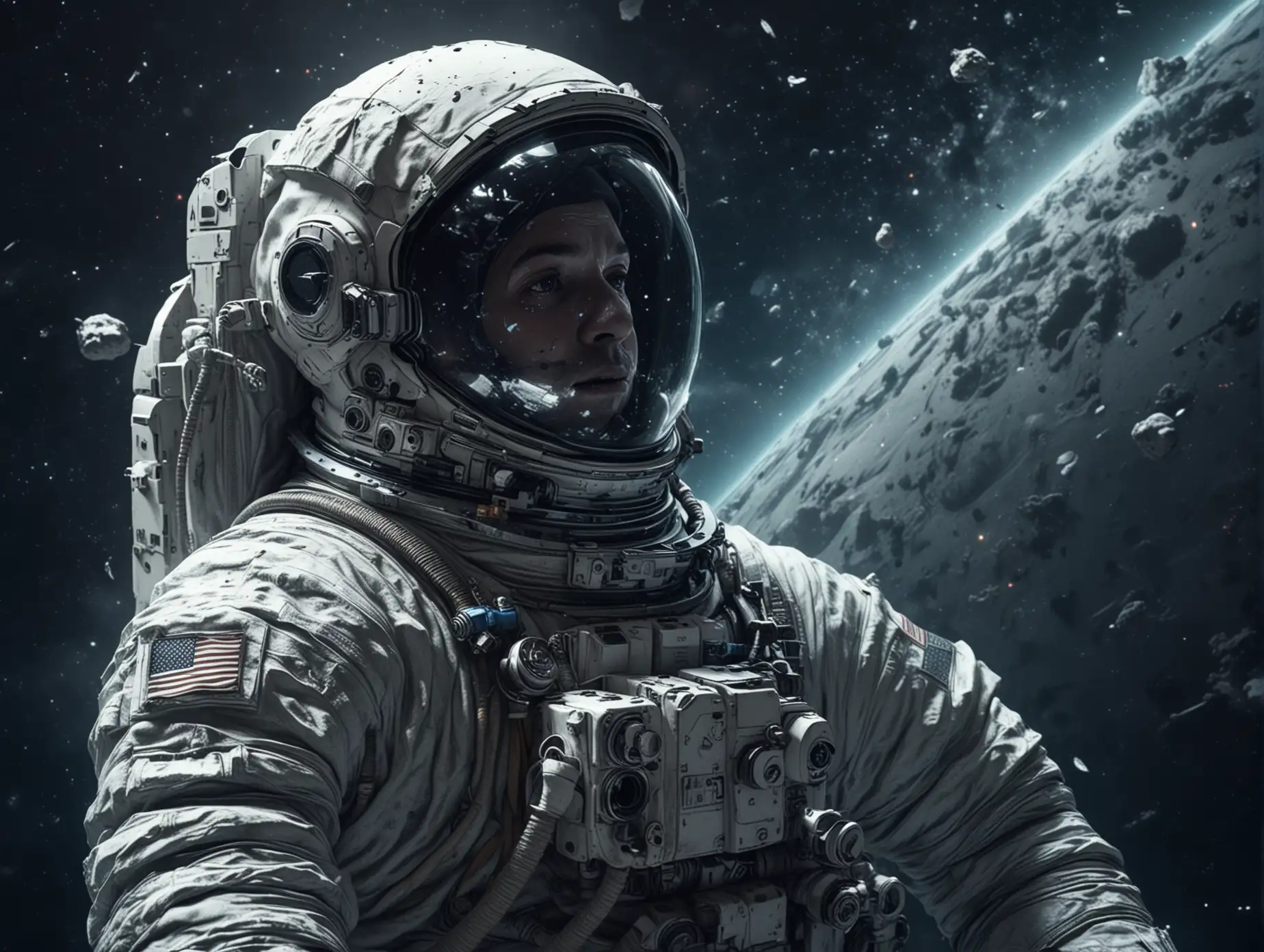 Astronaut in space, cold color palette, muted colors, detailed, 4k, write:Max in space 