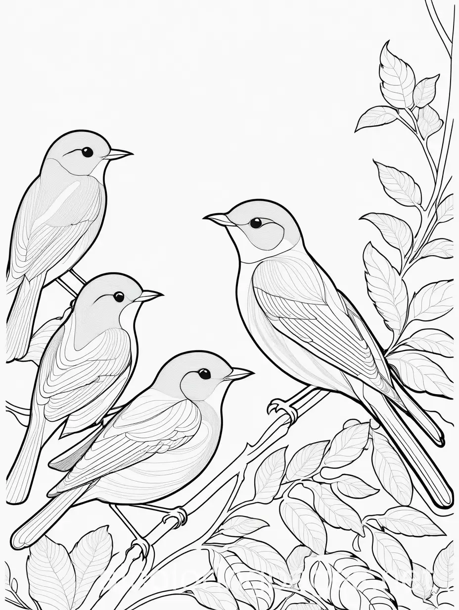 birds, Coloring Page, black and white, line art, white background, Simplicity, Ample White Space. The background of the coloring page is plain white to make it easy for young children to color within the lines. The outlines of all the subjects are easy to distinguish, making it simple for kids to color without too much difficulty