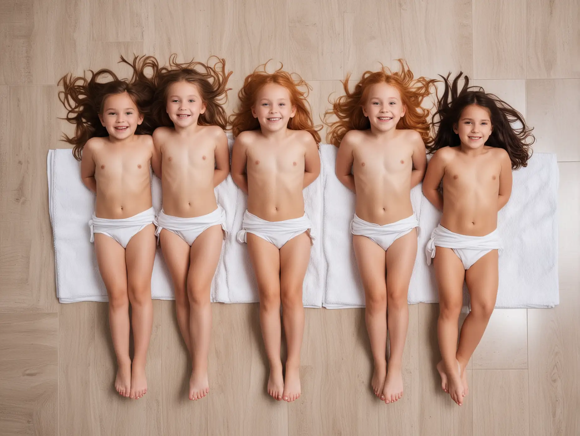 Four-Young-Girls-with-Long-Hair-Laying-on-Floor-with-Tiny-Towels