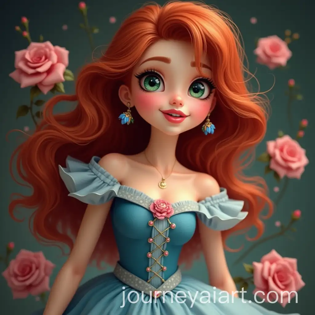 Beautiful-Woman-with-Red-Hair-and-Green-Eyes-in-a-Blue-Dress-with-Pink-Roses