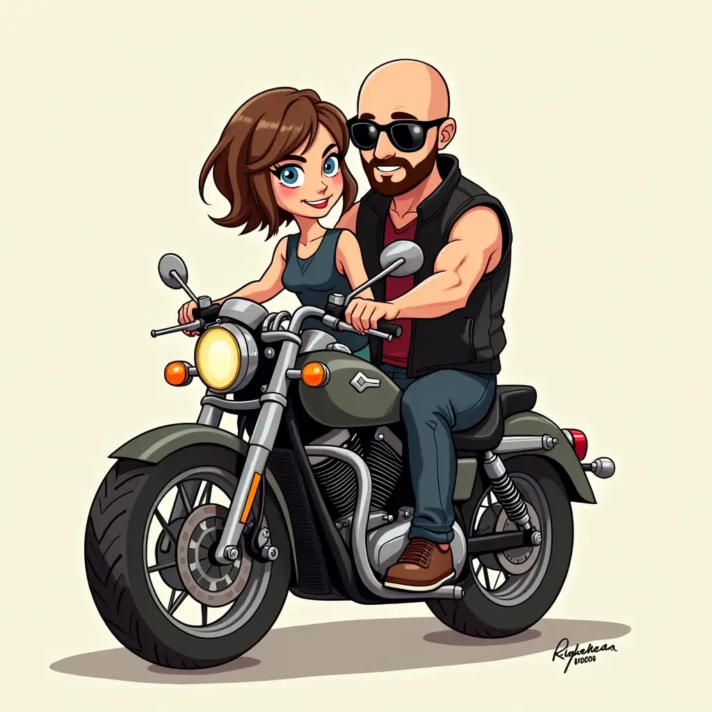 Couple in cartoon, on motorcycle, she with short brown hair and he bald with sunglasses and beard, black vest and both in black jeans