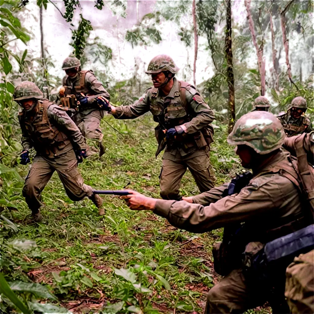 ARMY FIGHTING A BATTLE HAND TO HAND IN THE JUNGLE