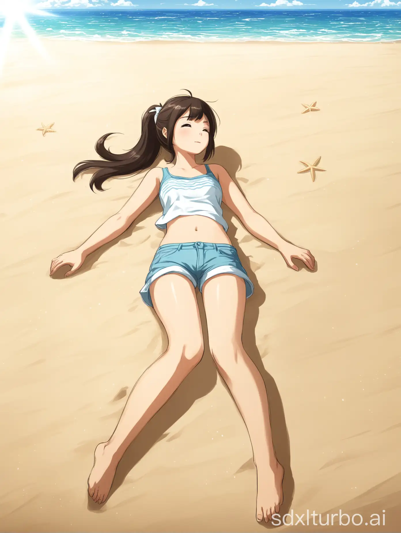 A panoramic view of a young Asian girl lying on the ground at harmony beach, drawn in an animated style, showing the beautiful scenery of a summer beach. The girl is wearing light clothing consisting of a short top and shorts, lying on soft sand, with her legs raised, leisurely and comfortably enjoying the sunlight and sea breeze. She has her hair in a ponytail that flutters in the wind, looking very comfortable.