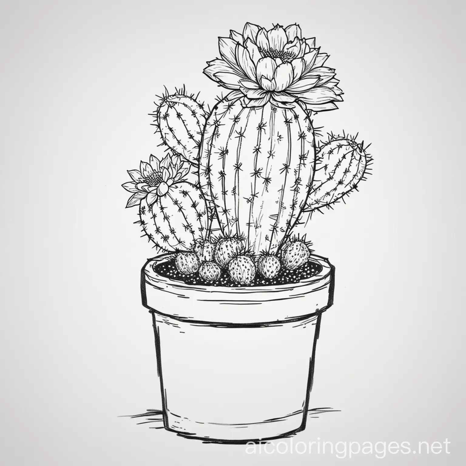 A cactus with blooming flowers on top, Coloring Page, black and white, line art, white background, Simplicity, Ample White Space. The background of the coloring page is plain white to make it easy for young children to color within the lines. The outlines of all the subjects are easy to distinguish, making it simple for kids to color without too much difficulty, Coloring Page, black and white, line art, white background, Simplicity, Ample White Space. The background of the coloring page is plain white to make it easy for young children to color within the lines. The outlines of all the subjects are easy to distinguish, making it simple for kids to color without too much difficulty