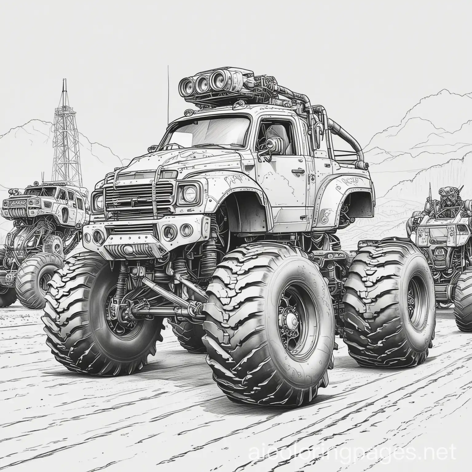 Monster-Truck-Racing-with-Robots-Coloring-Page