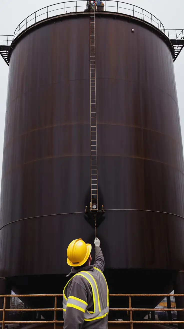 A close-up shot of the massive molasses tank, with a single worker in the foreground looking up at it. The shot has a sense of foreboding.