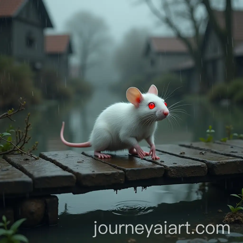 White-Mouse-with-Red-Eyes-Crossing-a-Wooden-Bridge-in-Flooded-Village