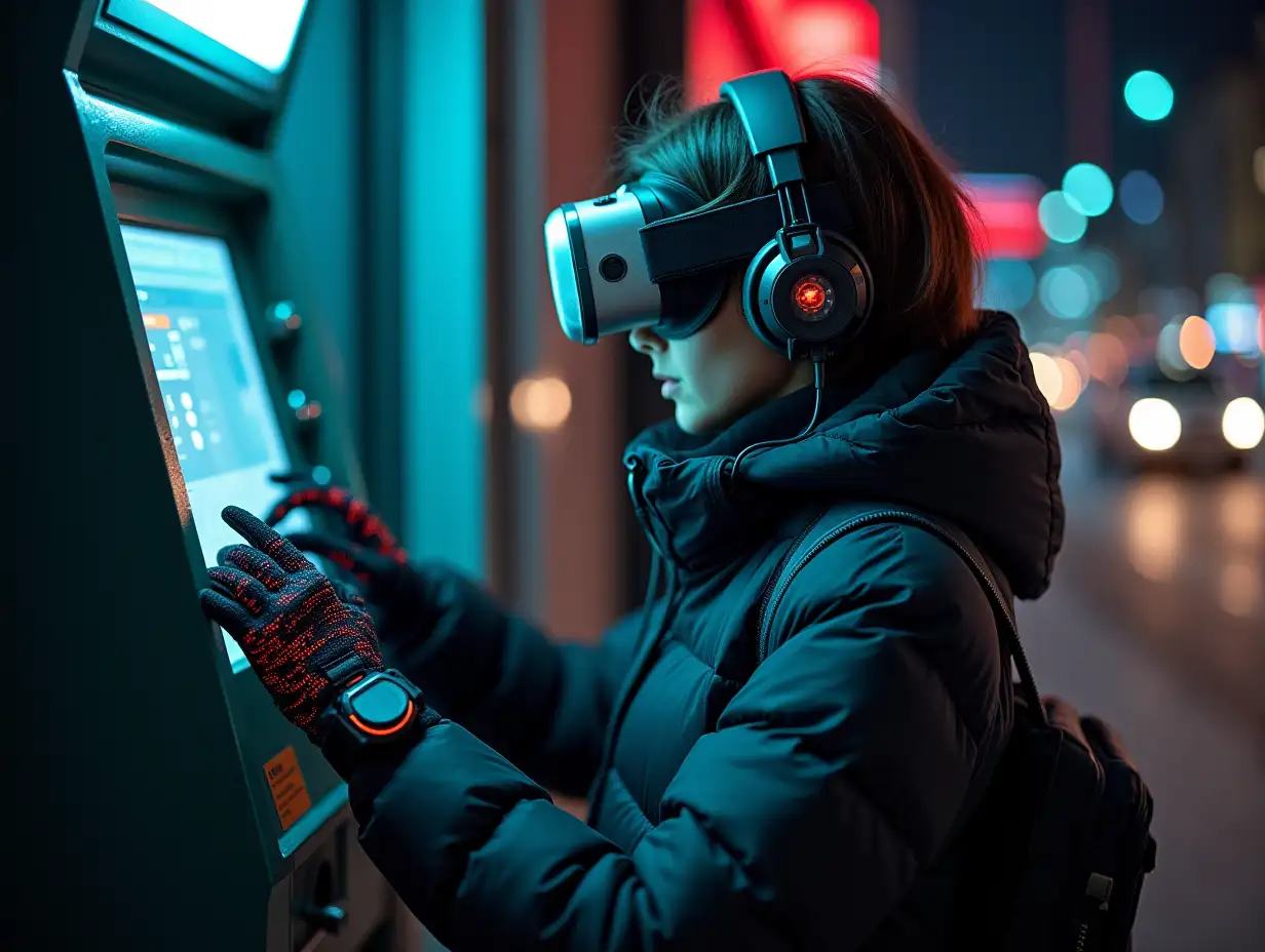 a young stealth techwear female hacker on a street at night, programming atm machine, hands covered, wearing puffer jacket, cybernetic headband, vr goggles, headphones, smartwatch over full electronic gloves, overflowing with wearable cyberpunk hardware, many wires connected from atm to gloves