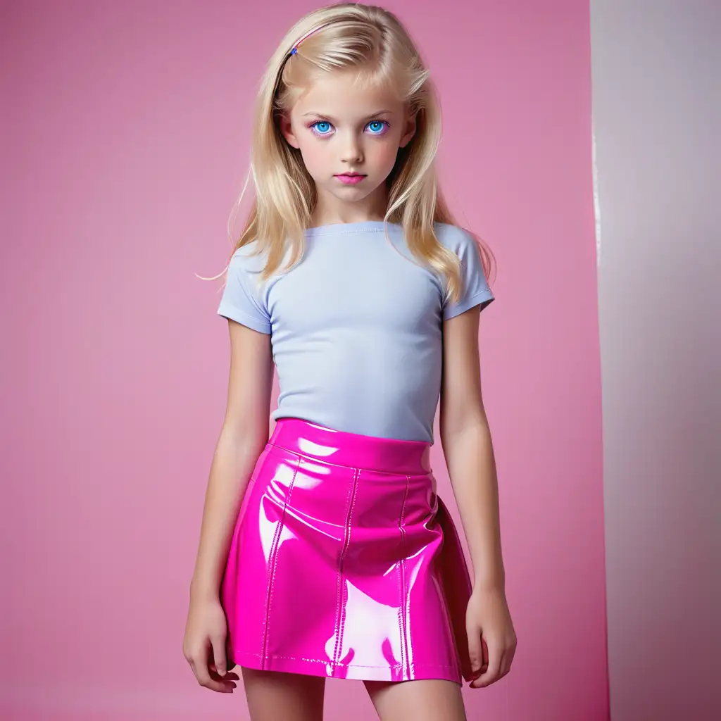 blond preteen girl with blue eyes in pink pvc mini skirt