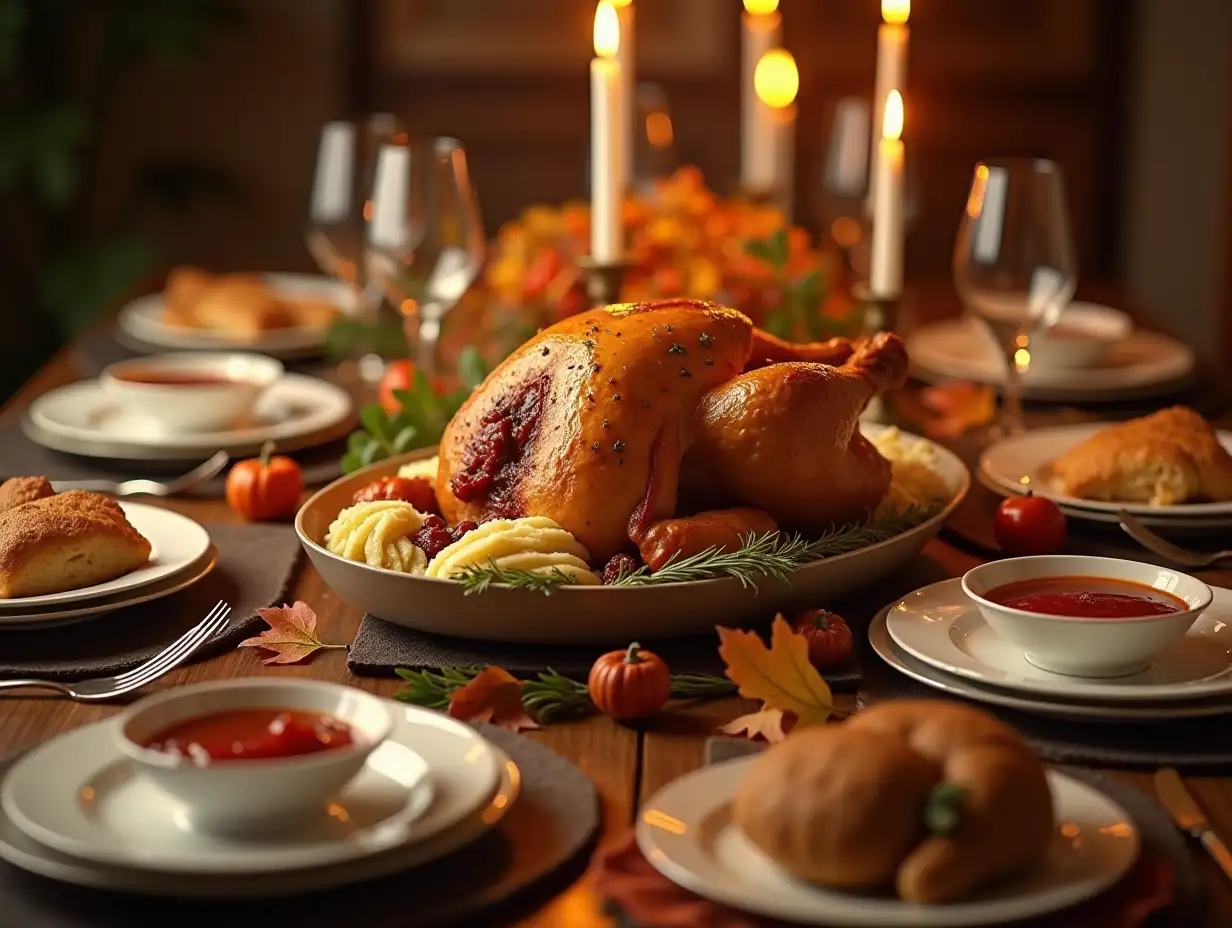 Happy Thanksgiving, lavishly laid table with typical Thanksgiving dishes, lots of details in 4k resolution, photorealistic. The text 'I hope you stocked up on CANDLES!' should be visible in the picture. The image depicts a warm, autumn-themed dinner table setting. The style of the image is a high-resolution photography with a shallow depth of field, creating a soft-focus background that accentuates the sharpness and nourishing details of the food in the foreground. The lighting appears to be soft and warm, with candlelight contributing to the cozy and festive atmosphere. Central focus: A whole roasted turkey, golden brown with herbs and spices, resting in a large serving dish with mashed potatoes and cranberry sauce around it, suggesting a traditional American Thanksgiving theme. Multiple place settings are arranged around the table. Each place setting includes flatware, a white plate with different dishes, and a wine glass.