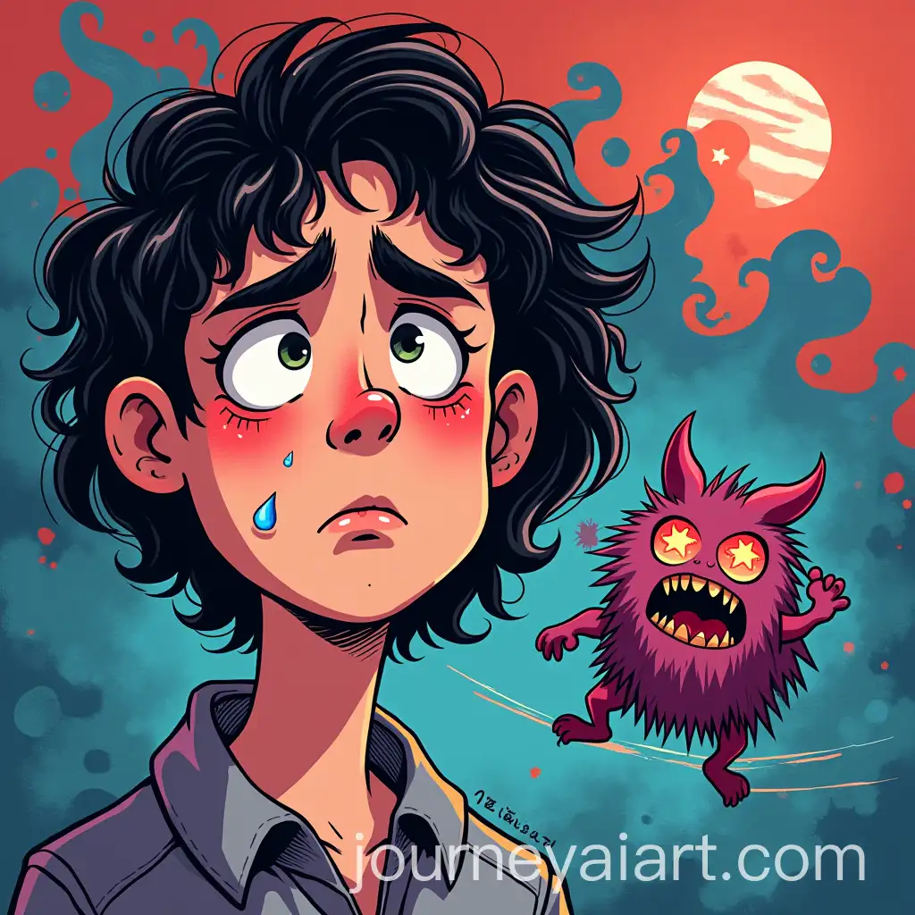 Comic-Strip-Depicting-Anxiety-with-Whimsical-Monster-and-Emotional-Struggle