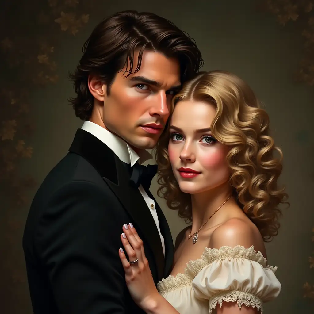 A digital art portrait of two lovers: a handsome young Tom Cruise embraces a young  Nicole Kidman with curly blond hair and pale skin against a mysterious background. Both of the same height. Victorian style, Both looking at the camera, close-up, the smallest details, realistic hand drawing, masterpiece