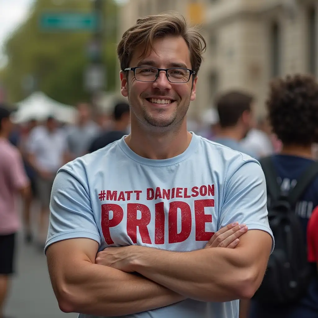 man dressed as a woman  with a Matt Danielson  pride shirt on