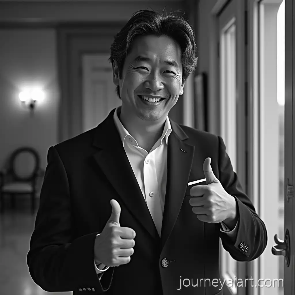TsAI-Image-Prompt-Expansionutomu-Yamaguchi-Smiling-with-Thumbs-Up-in-a-Mansion-Black-and-White-Portrait