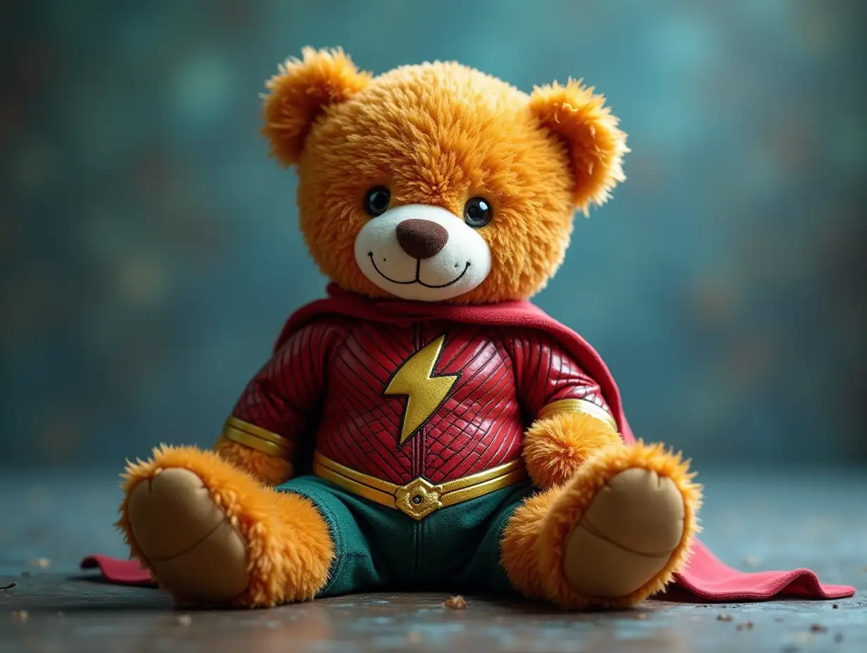 Create a digital photo of a teddy bear with an Aquaman costume