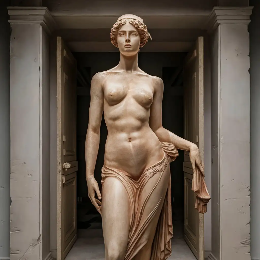 a close up of a statue of a fully nude woman in greek togue, classic statue pose, 8k, ancient greece fashion, highly detailed hyper real retro, in greek temple, aprodite, emanuele dascanio, a room, bishounen, offwhite