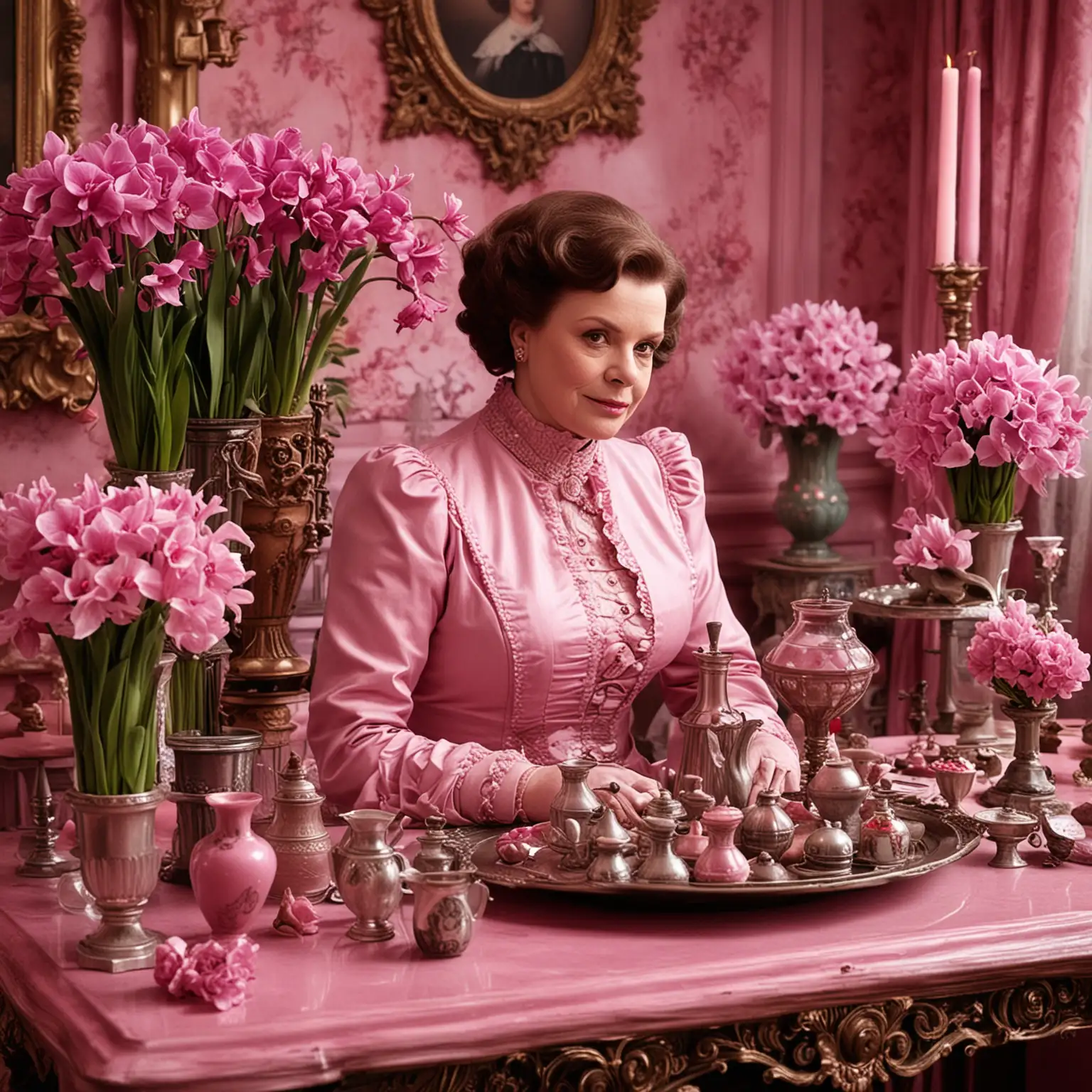 Dolores-Umbridge-in-a-Pink-Gothic-Room-with-Orchids-Tulips-and-Alliums