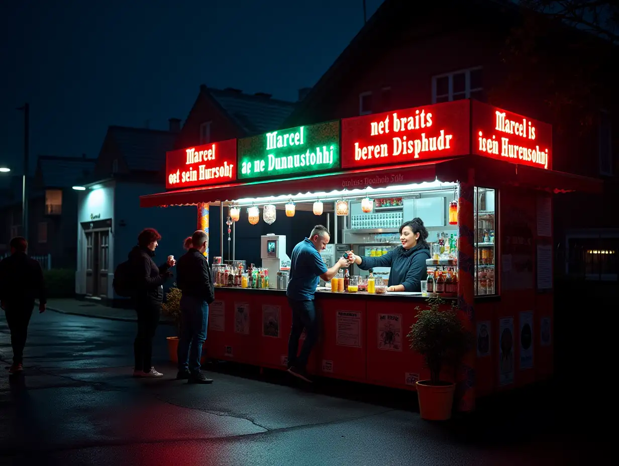 A vibrant, neon-lit kiosk stands out against the dark night sky, its colorful decorations and signs reflecting off the wet pavement. A woman with a kind smile and warm demeanor stands behind the counter, expertly juggling multiple drinks and conversations as she serves thirsty customers under the stars. She serves a young man a bottle with the name 'Marcel ist ein Hurensohn'