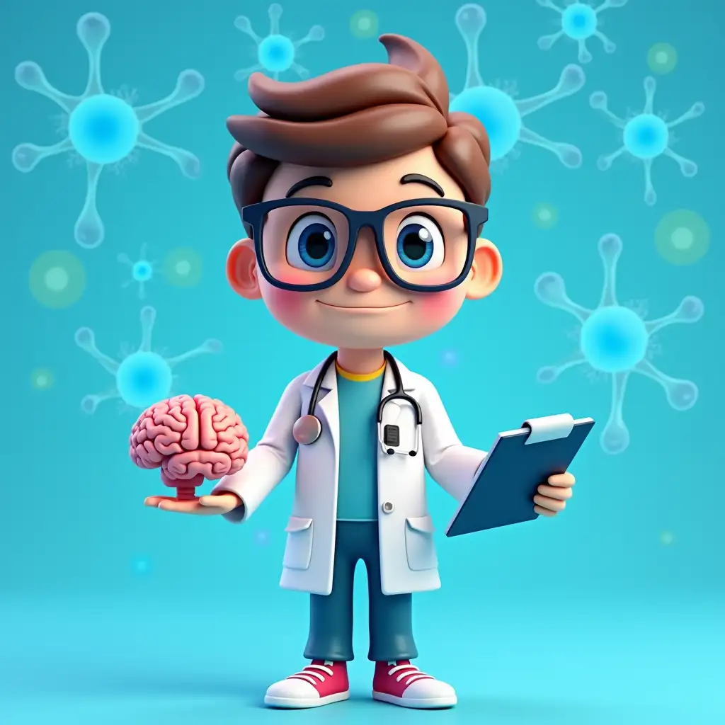 Create a 3D character representing a specialization in medical psychology. It should have a friendly, professional look with bright colors and simple backgrounds. The character should be unique and reflect the role of the neuropsychologist in lab coat and glasses, holding a brain model and clipboard. Background: patterns of neurons in blue colors.