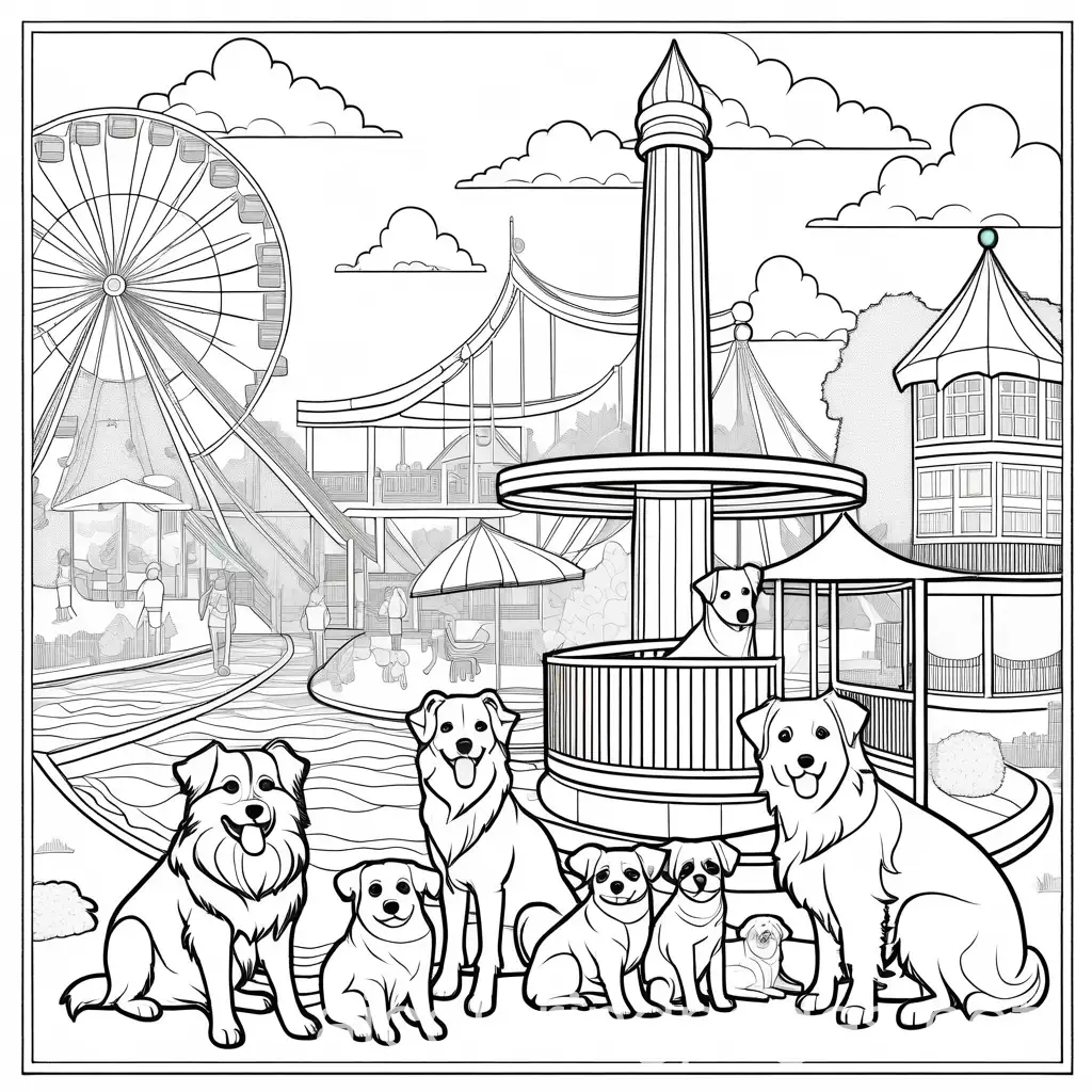 Amusement-Park-Coloring-Page-with-Border-Collies-Pugs-German-Shepherds-and-Yorkshire-Terrier-Dogs