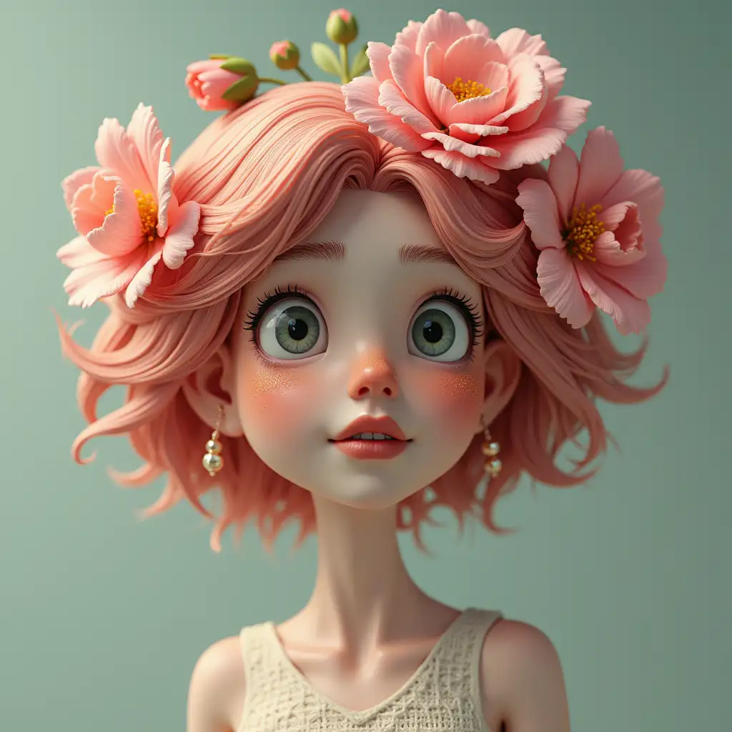 Woman with flowers instead of hair, fantasy 3d