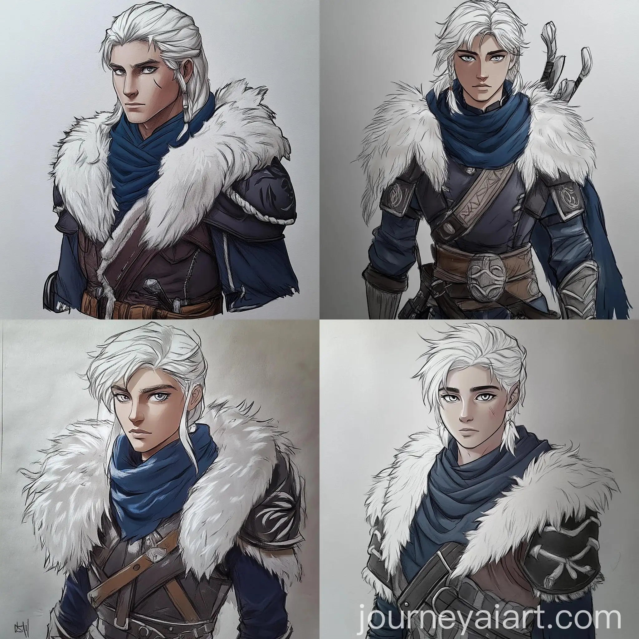 Young-Adult-Male-Character-with-White-Hair-and-Blue-Scarf-in-Fantasy-Leather-Armor