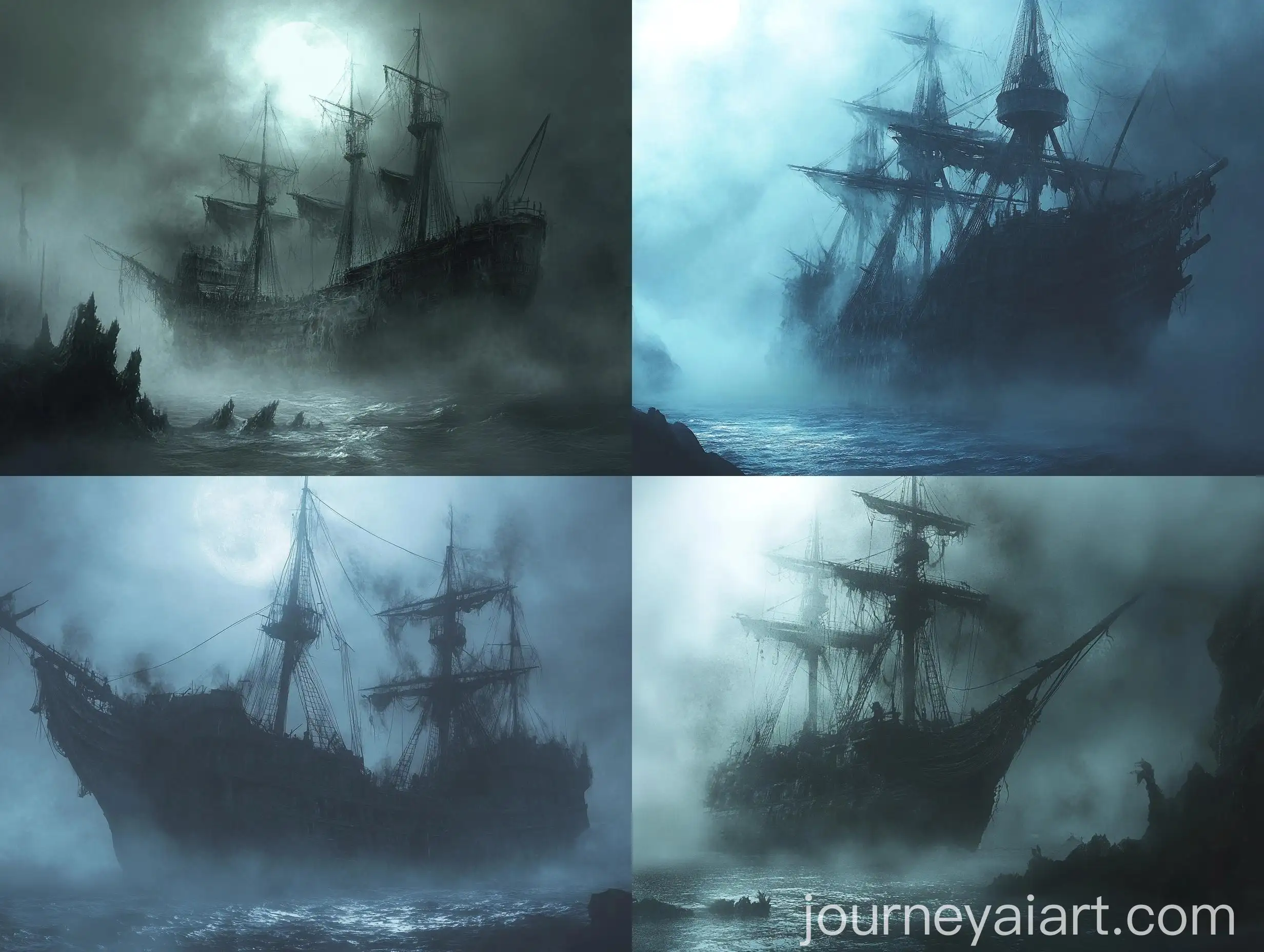 Eerie-Ghost-Ship-Drifting-Through-Foggy-Sea-Illustration