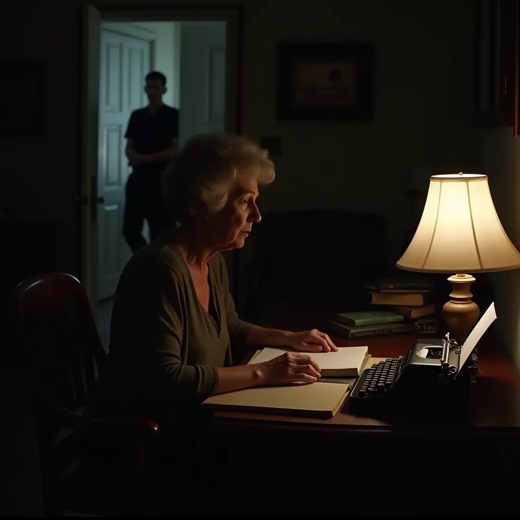 Mature-Woman-in-Cozy-Room-with-Typewriter-and-Books-at-Night