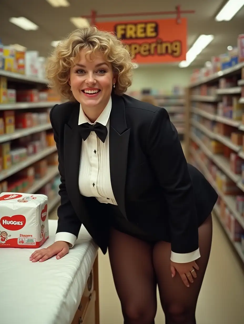 Female-Product-Demonstration-in-Supermarket-with-Huggies-Diapers-and-Formal-Tuxedo-Outfit