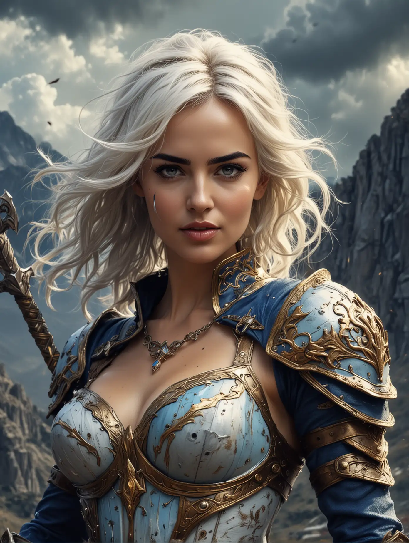 Eye level view captured, Whimsical style, Sketch of Camilla Belle with awesome cleavage, surealism style quality, digital drawing mode, elemental fantasy-themed, wild white hair that crackles with energy, fierce blue eyes, wearing paladin armor that channels electricity, with lightning motifs across it, holding a long golden sword, standing at top a mountain with thunderclouds swirling above, radiant skin, powerful and intense expression, dynamic pose, life size, perfect anatomy, full HD, HDR, colorful pen sketchy draw, hand drawn, dark, gritty, realistic sketch, rough sketch, mix of bold dark lines and loose lines, unusual background, on canvas, extremely detailed, masterpiece art