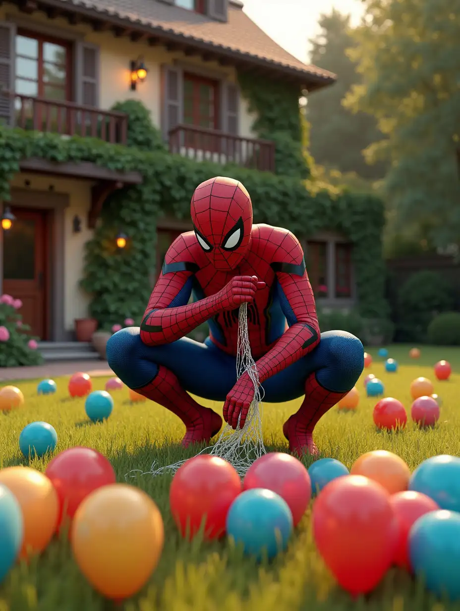 A hyper-realistic 3D 4K render of Spider-Man crouching in a lush green backyard, surrounded by hundreds of colorful balloons scattered across the grass. He is wearing his iconic red and blue suit with an intricate web pattern, and his mask is fully covering his face, revealing his signature white eye lenses. He is carefully tying together a web-like net, using strong, thin strands of webbing, as if preparing to catch something. The background features a beautifully designed suburban house with ivy-covered walls, flower-filled balconies, and glowing outdoor lanterns. The golden sunlight of the late afternoon casts a warm, cinematic glow on the scene, enhancing the vibrant colors of the balloons and the intricate details of Spider-Man’s suit. The atmosphere is a unique mix of playfulness and superhero precision, making the composition both visually captivating and immersive.