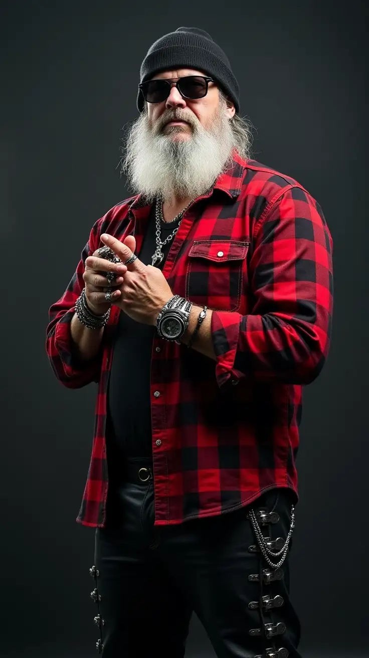 Charismatic-Heavy-Metal-Singer-in-Red-Flannel-and-Leather-Outfit