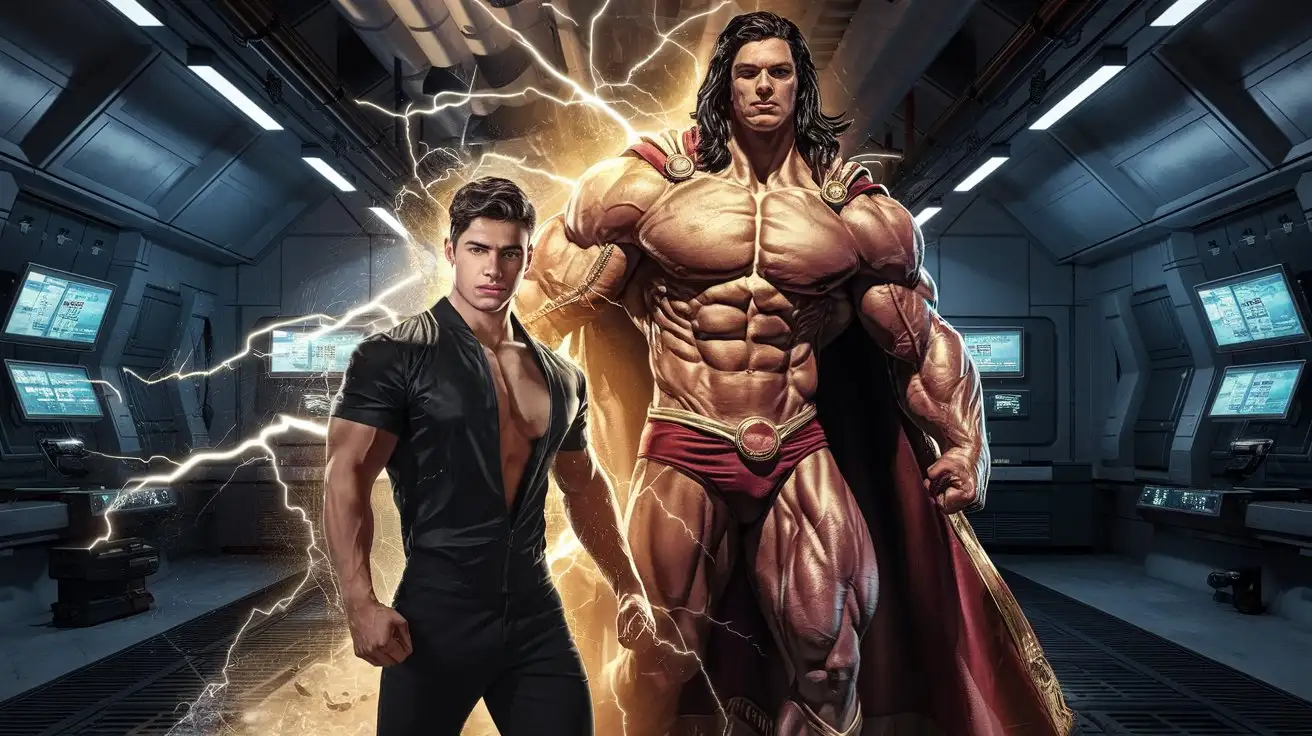 In a futuristic bunker. An athletic 24-year-old man transforms into a powerfully muscled, hugely ripped, 32-year-old superhero. Luminous golden electricity and power. Photorealistic.