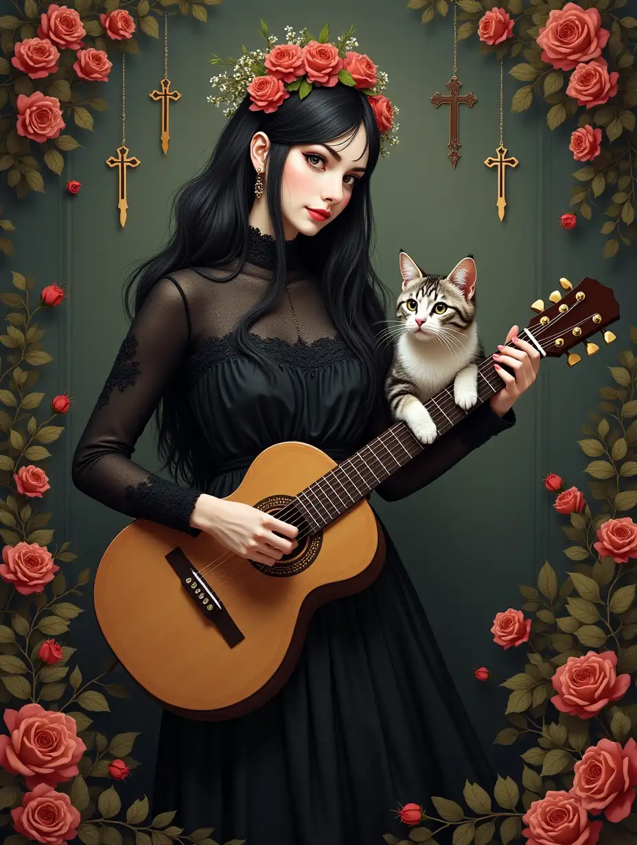 Houkah, flowers, grey-white-brown cat, guitar, gothic cross, black dress, earrings in the shape of crosses