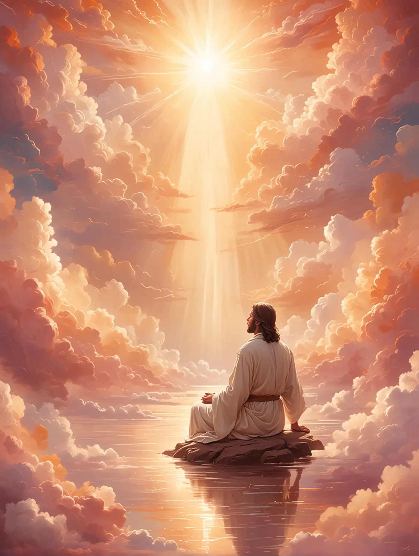 A serene and peaceful illustration with a warm, calming color palette, depicting a gentle divine light surrounding a person seated in quiet reflection, symbolizing tranquility and inner peace. The scene includes soft clouds, a radiant aura, and an atmosphere of protection and comfort, representing the presence of God's peace. Overlay the comforting words: 'The peace of God, which transcends all understanding, will guard your hearts and your minds in Christ Jesus.' The style is spiritual, uplifting, and contemplative.