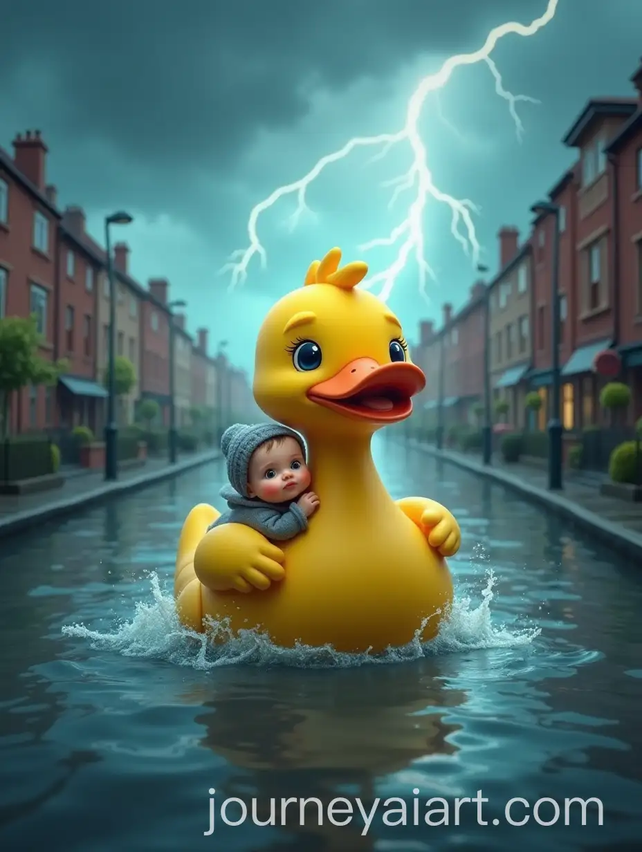 Yellow-Duck-Carrying-Baby-Boy-Through-City-Flood-with-Thunderstorm