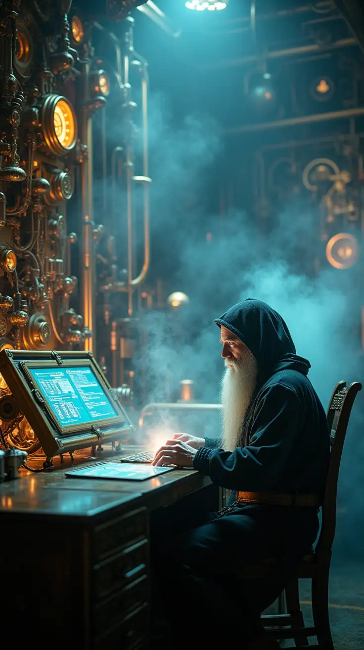 Ethereal-Futuristic-Wizard-in-a-Steampunk-Control-Room-with-Magical-Energy